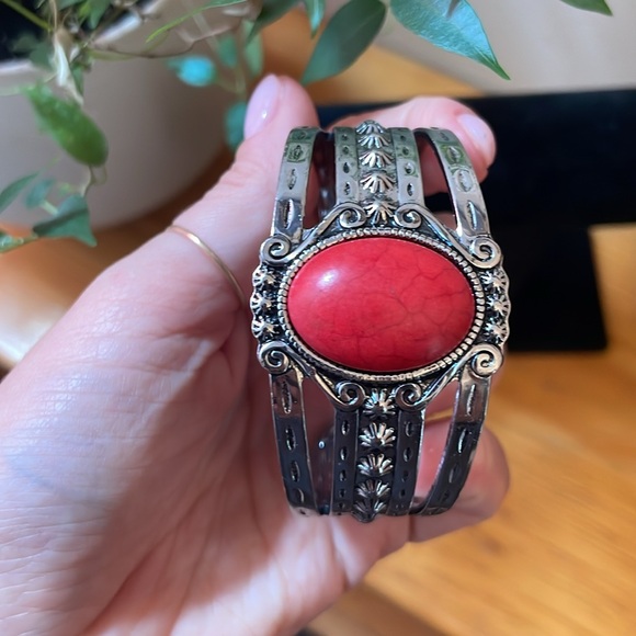 Red Stone Silver Cuff Bracelet - Picture 3 of 5